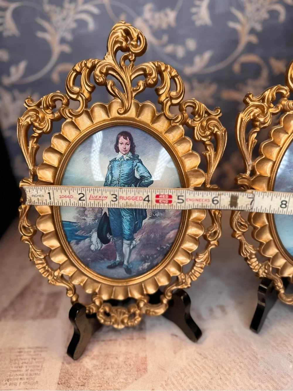 Vintage Pinky & Blue Boy Convex Print Pair Ornate Gold Tone Resin Frames